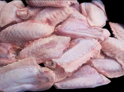 Raw Turkey Mid wings piled together in a blue plastic bag.